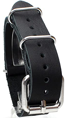 Sulla 20mm Vintage Leder NATO Uhrenband Stahl Rollschließe für Militäruhren mit festen Stegen Schwarz