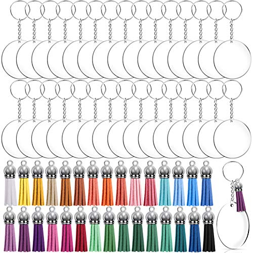 Duufin 120 Stück Acryl Transparent Kreis Schlüsselbund Set mit Acryl Schlüsselanhänger Rohlinge, Schlüsselringe, Biegeringe und Quasten Anhänger Leder für DIY Schlüsselbund Basteln
