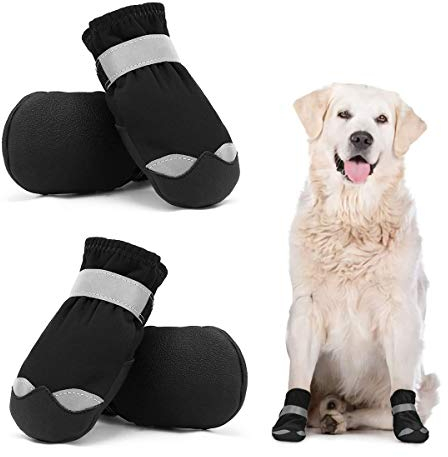 Dociote Scarpe Per Cani Impermeabili Set di 4, Stivali Protettivi per cani con Riflettente Antiscivolo, Scarpe Resistenti per Cani di Taglia Media Nero 6#