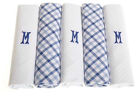 Surf the Shop 5 Stück bestickte Herren-Taschentücher mit Satin-Bordüre und blauem Karomuster, verschiedene Buchstaben, 5 Stück, M, 5 Pack