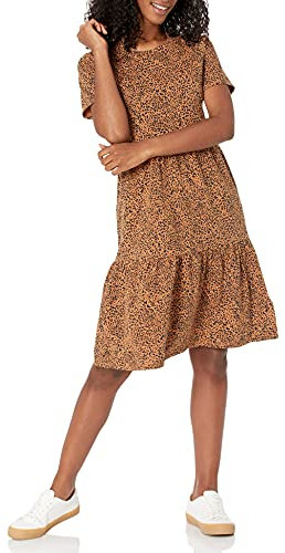 Amazon Essentials Women's Short-Sleeve Crewneck Tiered Dress, Dark Camel Leopard, M