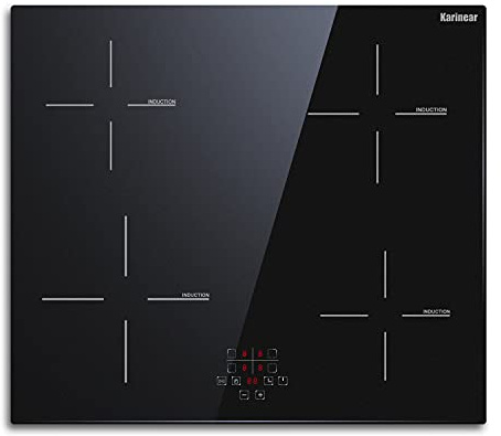 Karinear 24 Inch Induction Cooktop 4 Burner Electric Cooktop, Drop-in Induction Burner with Timer and Child Lock, Pause Function, Vitro Ceramic Glass, 220-240V, 6400W, Hard Wired(No Plug)