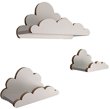 MOLILAND 3er Set Wandregal Kinderzimmer Weiß | Babyzimmer Wolkenregal für Bücher, Spielzeug und Dekoration | Regal Wolke aus Holz | Skandinavischen Stil | Schweberegal Wanddeko Jungle- Elegance