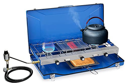 Camplux JK-5330-DE Campingkocher 3-Flammig mit Deckel, 4.5kW Camping Gaskocher mit 50mbar Gasregler, Butan/Propan, Winddicht