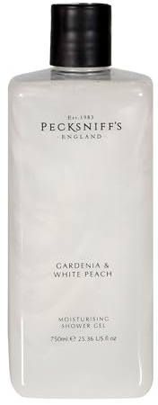 Pecksniff's Moisturising Shower Gel, Gardenia & White Peach, 750 ml | Gardenia & White Peach moisturising shower gel, 750 ml/25.4 fl oz; handcrafted in England for rich daily lather