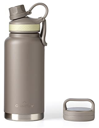 GRANDTIES 2 Lids Sports Stainless Steel Water Bottles – Wide Mouth Vacuum Insulated Reusable Leak Proof BPA-Free Travel Metal Canteen, Thermal Bottles for Men Women Gym (Caffe Latte 32 oz)
