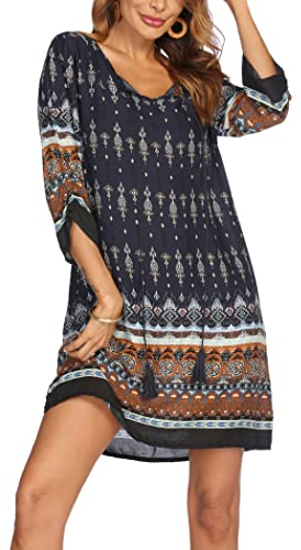 Beyove Damen Bohemian Tunika Kleid Strandkleid Tunikakleider Vintage Strandtunika 3/4-Arm Rundhals Kleid Blumenmuster Kurzes Sommerkleider Tops Muster 5 XL