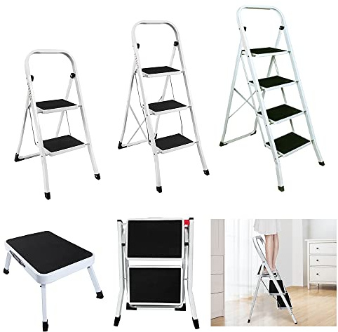 Folding Ladder 4 Steps, Portable 4 Treads Stepladder Multi-Use Collapsible Stool Ladder for Home Kitchen Garage Office Shop RV, Grip Handle and Anti-Slip Wide Pedal 330lbs Capacity