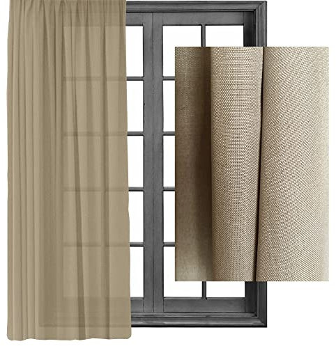 2X Gardinen Vorhänge Kräuselband Gardine Vorhang - Leinenlook Blickdicht Schal Dekoschal 140x245cm halbtransparent Leinen Optik Universalband (2, Sand)
