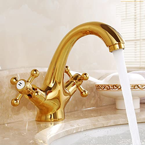ZYCDP Wasserhahn Badezimmer Retro, Retro Bad Waschbecken Wasserhahn Zweigriff Mischbatterie Badarmatur, Kaltes und Heißes Wasser Vorhanden, Waschbecken Armaturen Messing, Gold
