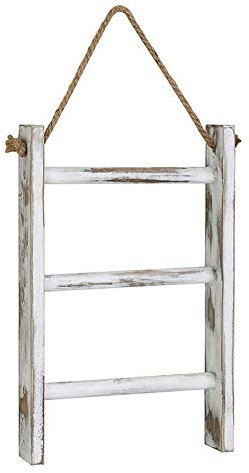 Yumin 3-Tier Mini Whitewashed Wood Wall- Hand Towel Storage Ladder with Rope