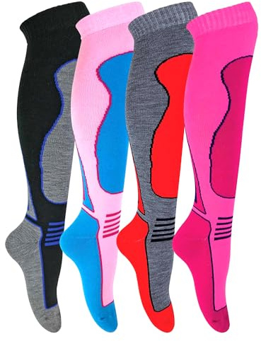 HiFEN® 4 Pairs High Performance Ladies Thermal Ski Socks Knee High Breathable Snowboard Socks, Long Hose Thermal Socks UK 4-7