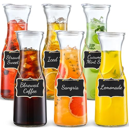 Lot de 6 carafes en verre avec couvercle, carafe de service de 1 litre, carafe en verre transparent pour bar à mimosa, brunch, eau froide, jus, lait, thé glacé, limonade