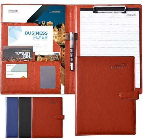 Fasood Conférencier A4 avec porte-bloc, porte-bloc en cuir PU, porte-bloc avec compartiments pour documents, porte-stylo, rabat et fermeture magnétique (marron)