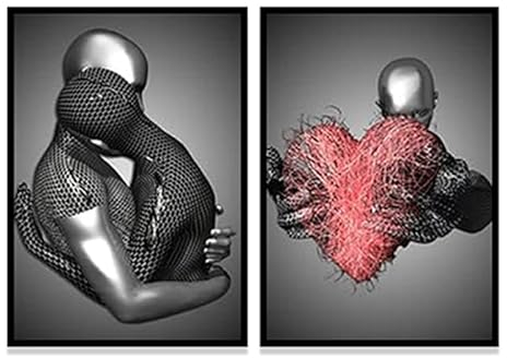 Abstrakte Kunstfigur Metall Skulptur Wandbild, Moderne Liebe 3D Effekt umarmen Wohndekoration Druckposter, Rahmenlos (Stil 6,80X120CM*2)