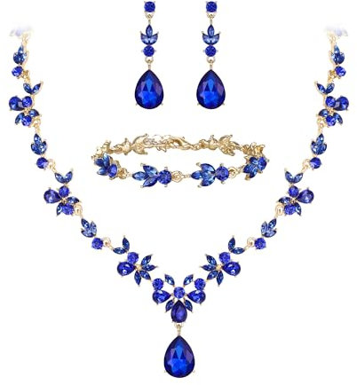 Clearine Hochzeit Schmuckset für Damen Braut Y Halskette Tennis Armband und Ohrringe baumeln Set Kristall Teardrop Marquise Cluster Schmuck für Brautjungfer Blau Gold Ton