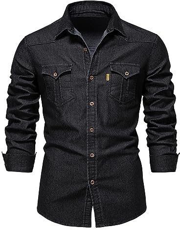 MCGOS Mens Oversized Denim Look Western Cowboy Oxford Shirts Tees Shirt Men's Long Sleeve Button Down Non Iron Slim Fit T-shirt Casual Shirts Trendy Top with Pockets Black UK Size 20