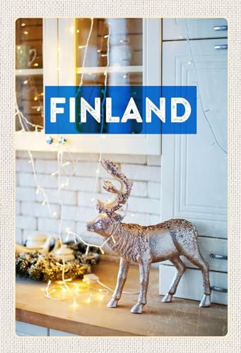 AGDeko® Holzschild Finnland Hirsch Lichterkette Schrank Größe 30x20 cm