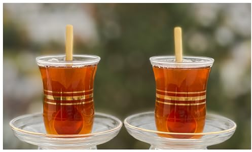 Topkapi - Service à thé turc Amira-Sultan de 18 pièces avec décor doré - 6 verres à thé à décor doré, 6 soucoupes à bord doré, 6 cuillères à café dorées - Superbe coffret cadeau