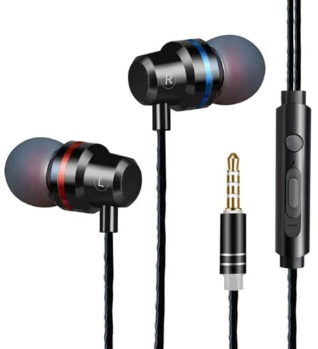 Earphones, In-Ear Headphones Earphones with 3.5mm Hi-Res Extra Bass, Noise Isolating, Wired Earbuds with Microphone and Volume Control, Compatible With all Smartphones Tablets Laptops. (Black)