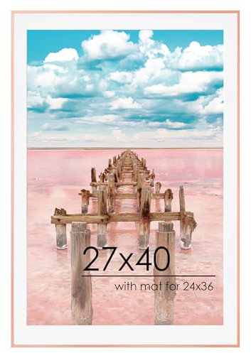 27x40 Metal Picture Frame for Wall with Mat for 24x36, 27''x40'' Aluminum Photo Frames With Tempered Glass for Home Decor, Minimalist Modern Poster Frame Horizontal and Vertical Formats, Rose Gold
