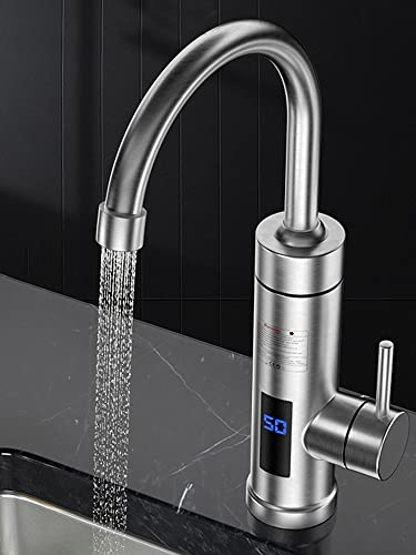 Rubinetto Elettrico per Scaldabagno Istantaneo in Acciaio Inox, Caldo e Freddo 3000 W, Termometro Senza LED, Girevole a 360° per Lavello da Cucina