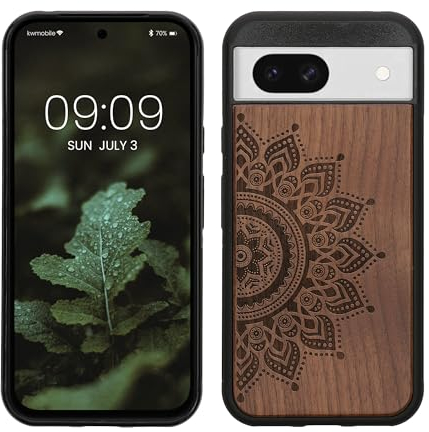 kwmobile Hülle kompatibel mit Google Pixel 8a Hülle - Holz Case - Handy Cover - TPU Handyhülle in Dunkelbraun Aufgehende Sonne