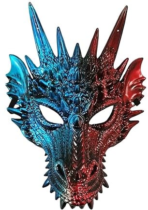 Perfeclan 3D Drachenmaske, Tierkopfschmuck, Maske, Neuheit Requisiten, 3D Party Halbgesichtsmaske, Halloween Maskerade Maske für Festival, Kostüm, Halloween, Ka, Blau Rot