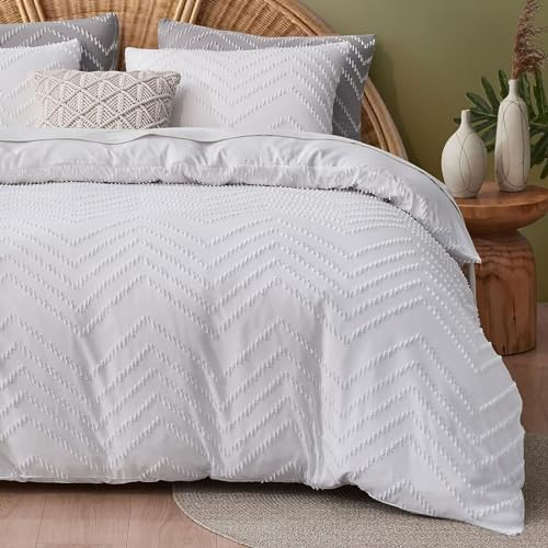 Freyamy Boho Bettwäsche 200x200cm 3teilig Weiß Getuftet Welle Streifen Geometrische Bettwäsche Stickerei Shabby Chic Bettwaren-Sets Microfaser Bettbezug mit Reißverschluss und 2 Kissenbezug 80x80cm