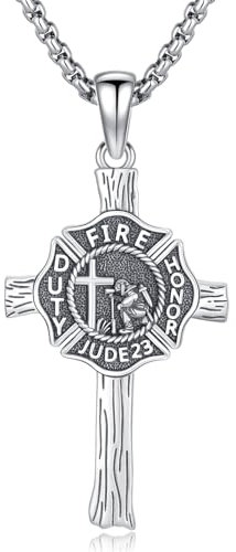 HARMONY BOLA 925 Sterling Silber Feuerwehrmann Halskette Kreuz Anhänger Halskette Feuerwehr Feuerwehrmann Kreuz Beschützer Schmuck Geschenke für Männer Vatertag