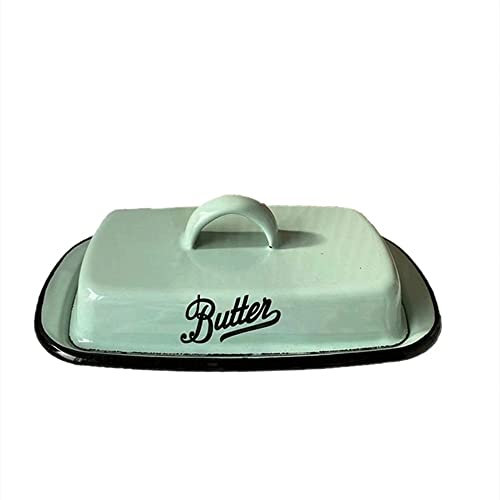 TIECHUINIUB Multi-function Enamel Butter Boat with Lid Enamel Butter Plate Retro nostalgic butter container with lid Enamel butter tray that can hold butter snack cheese-green
