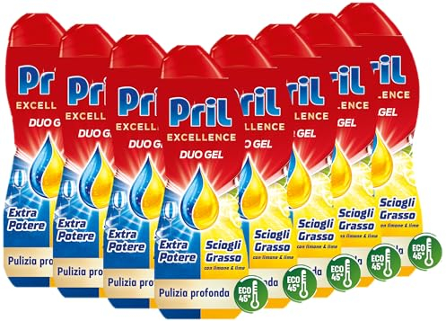 Pril Excellence Duo Gel, Detersivo lavastoviglie Gel, azione sciogligrasso, con limone, 8 Confezioni da 45 Lavaggi