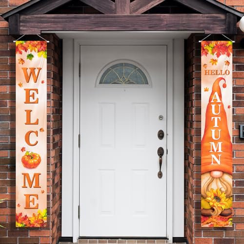 Hello Autumn Porch Sign Welcome Fall Door Banner with Pumpkin Maple Leaves Gnome Pattern Harvest Hanging Decor for Door Yard Decoration