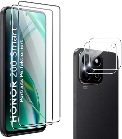 Heioloo [4 Pièces Verre Trempé pour Honor 200 smart 5G, [2+2 Pièces] Protection Écran et Caméra Arrière Protecteur, Dureté 9H, Sans Bulles, Ultra Transparent, Anti-Rayure