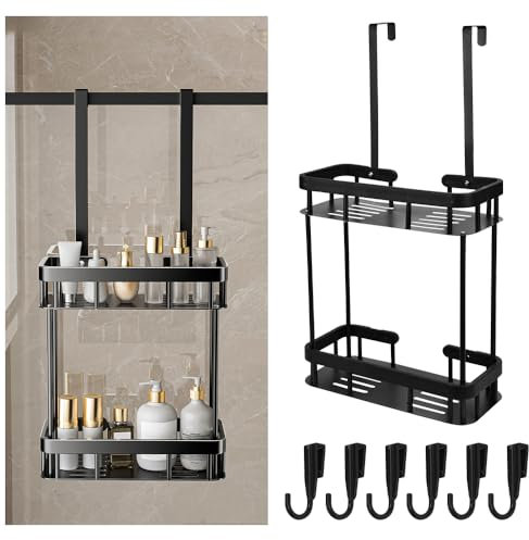 Shower Caddy Hanging, KYYGKY 2 Tier Over Door Shower Shelf No Drilling Showers Organiser Hanging Storage Rack Holder Showers Basket Organizer with 6 Hooks for Bathroom Shampoo Gel, Black