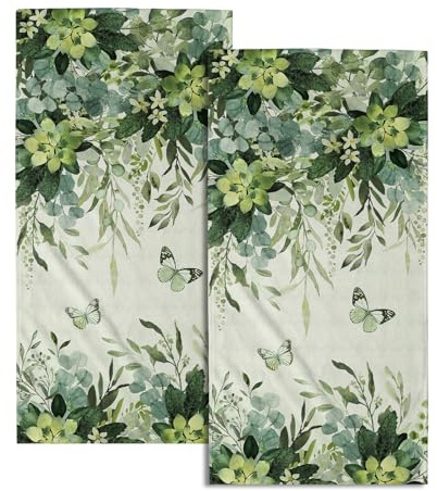 Juego de 2 toallas de mano de hojas de eucalipto, toallas decorativas de plantas verdes, toallas absorbentes para platos para baño, cocina y hogar