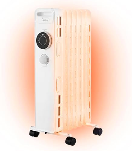 MIDEA Radiador Eléctrico de Aceite 1500W – Calefacción Eléctrica Bajo Consumo de 7 Elementos – 3 Niveles de Potencia, Termostato Ajustable – Calentador con Protección de Sobrecalentamiento y Ruedas