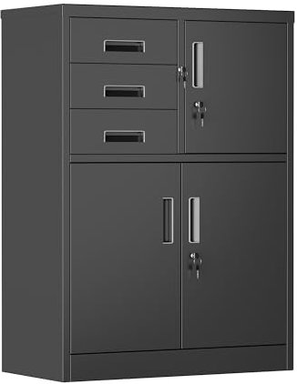 SUPEER Aktenschrank,Metallschrank mit 3 SchubladenLagerschränke,Stahlblech Pulverbeschichtung,Stahlschrank für Werkzeuge, Büro,110 x 80 x 40 cm(schwarz)