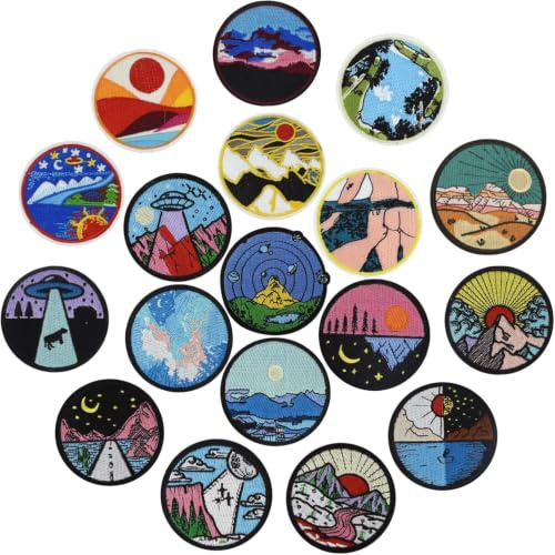 Nhgkju 18 pcs Diy Patch Abzeichen Outdoor Runde Berg Lagerfeuer Stickerei Tuch Patch KleidungsstüCk ZubehöR (Jeweils 1 Von 18 Mustern)