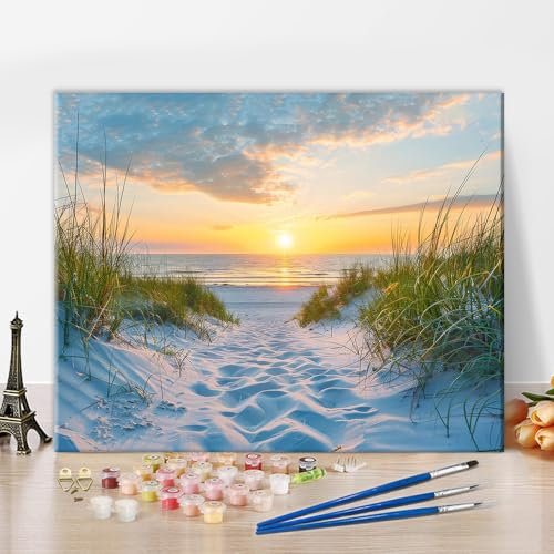 TISHIRON Kit de peinture par numéros pour adultes, coucher de soleil sur toile, sable, herbe et vagues de l'océan à faire soi-même, peinture à l'huile couleur plage et ciel, décoration murale