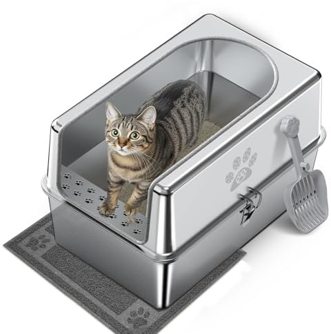 PTLOM Enclosed Food Grade Stainless Steel Cat Litter Tray Box with Lid & Mat & Scoop - Extra Large, High Side, Rounded Edges, Rust-Proof, Non-Stick, Leak-Proof, Odor-Lock for Big & Multiple Cats