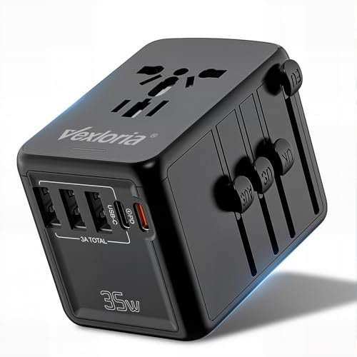 Vexloria Travel Adapter Worldwide, Travel Plug Adapter Worldwide, with 3 USB A, 1 USB C and 1 Pd, Travel Adapter for USA, England, Thailand, Australia, PD35 W