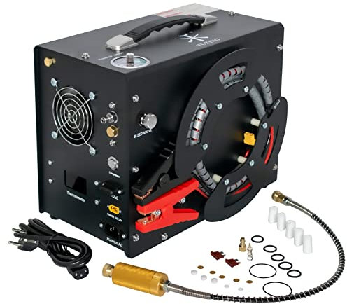 TUXING Compresseur d'air PCP, 4500 psi/30 MPa, compresseur PCP portable avec convertisseur de puissance intégré, arrêt automatique | DC12V/AC 120 V | Pompe compresseur sans huile et sans eau