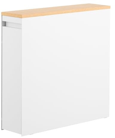 Yamazaki 1426 Tower Auszieh-Regal mit Holzablage, weiß, Stahl/Holz/Polypropylen/Silikon, minimalistisch, 56 x 14 x 55 cm