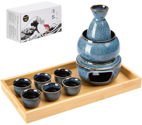DUJUST Set da 11 sake giapponesi per 6, set per sake in porcellana smaltata alterata in forno, 6 tazze, 1 bottiglia, 1 scaldino, 1 fornello per candele, 1 vassoio e 1 scatola, caraffa calda, set