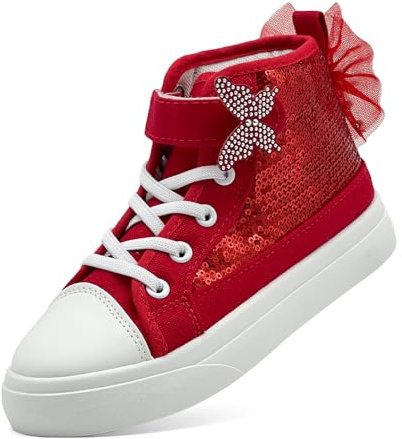 sharllen Girls Trainers Kids High Top Canvas Shoes Glitter Sequins Bowknot Pumps Easy Fasten Lightweight Casual Sneakers(Red 153)