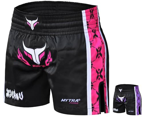 Mytra Fusion Short Muay Thai Femme Coupe Ajustée – Short Court pour Cage Fighting, MMA, Kickboxing, Entraînement, Grappling et Arts Martiaux (Noir/Rose, L)