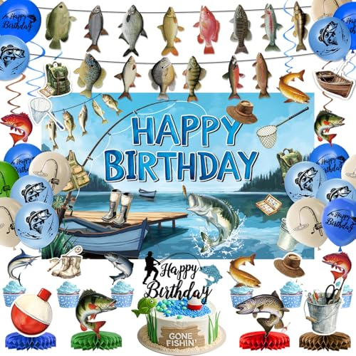 Fishing Birthday Party Decorations Includes Backdrop, Banner, Hanging Swirls, Balloons, Cake & Cupcake Toppers, Honeycomb Centerpieces for Ofishally One Birthday Decorations