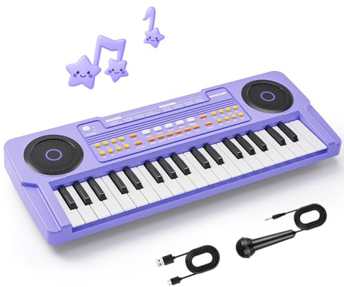 Clavier de piano pour enfants 37 touches amélioré, clavier portable de jouet musical avec microphone, instrument de musique, cadeau d'anniversaire pour garçons de 3, 4, 5, 6, filles, violet