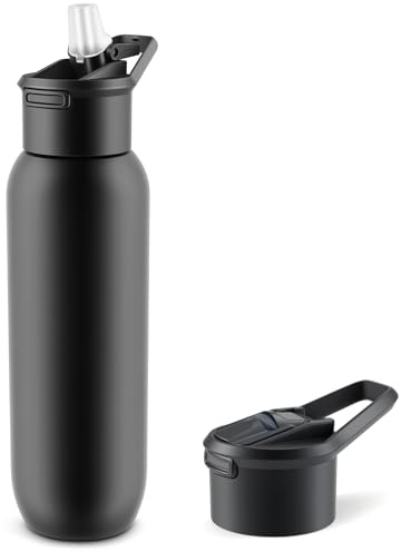 Zosenyer Bottiglia Termica 600 ml, Borraccia Acciaio Inox con Cannuccia, Tazza Termica a Doppia Parete, Bottiglia Sportiva a Prova di Perdite, Senza BPA, per Ufficio, Scuola, Sport, Viaggi (Nero)